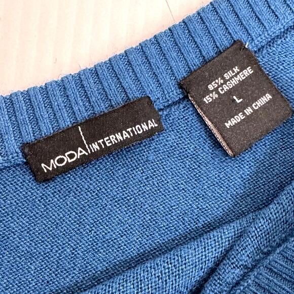 Asymmetric One Shoulder Sweater L Silk Cashmere Blend Blue Short Sleeve Y2k VTG - Picture 9 of 11